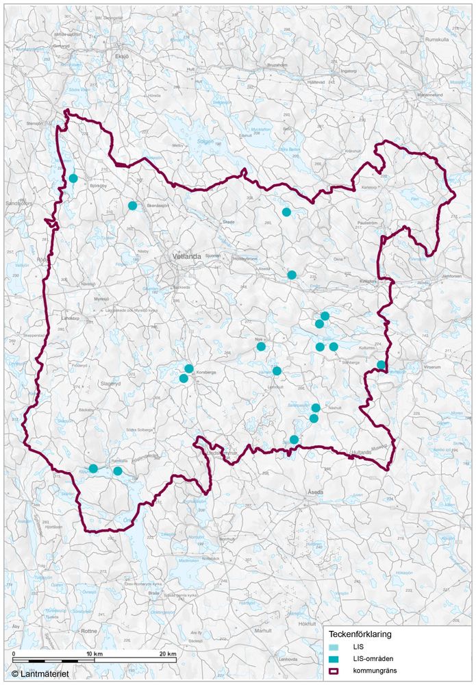 Karta som redovisar var LIS‑områden (landsbygdsutveckling i strandnära lägen) har pekats ut inom kommunen.