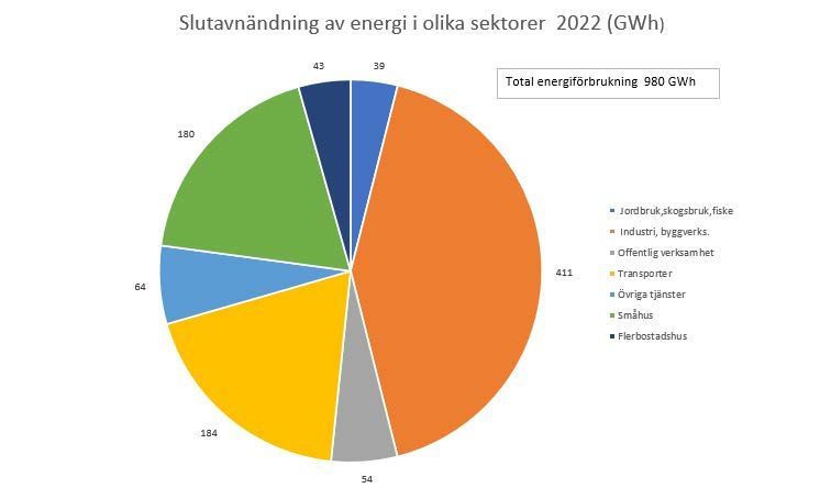 Pajdiagram som visar slutanvändningen av energi i olika sektorer.